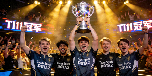 Team Spirit DOTA2战队举起冠军奖杯的辉煌时刻