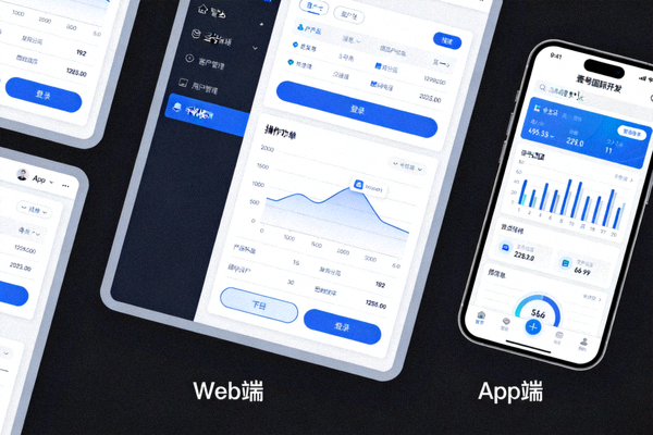 展示壹号国际开发的Web、手机App等多终端产品界面同屏效果